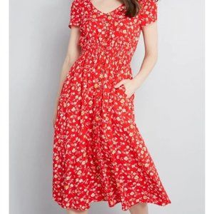 Modcloth Inspired Anytime Midi Dress Red Floral Print Large Cottagecore
